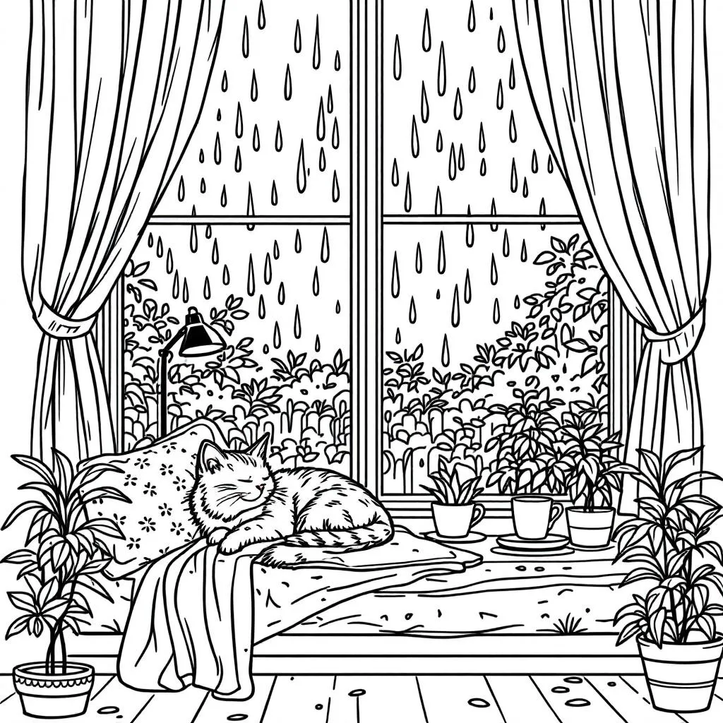 rainy window coloring page